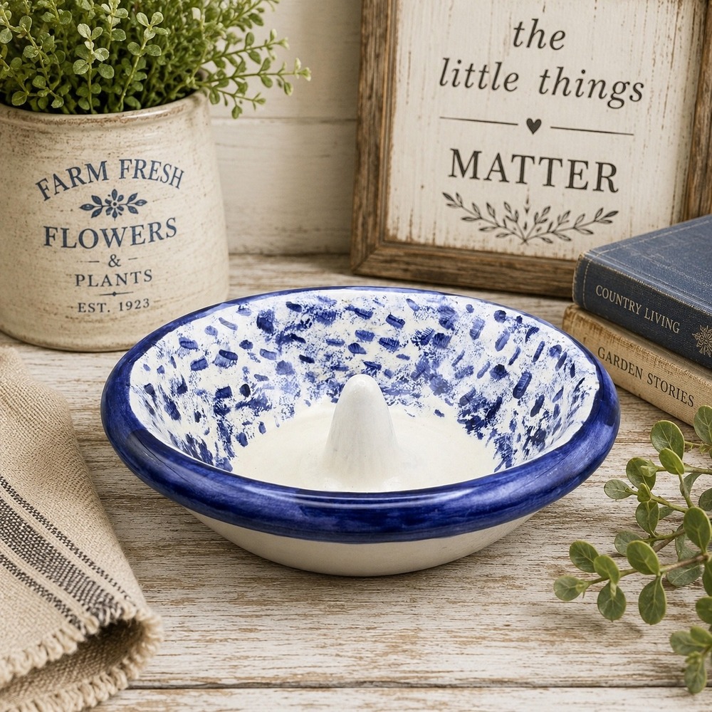 Lois Signed Studio Pottery Blue White Splatter Ceramic Ring Holder Dish Bowl 5"